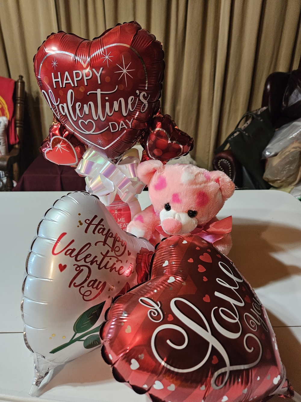 Valentine's Gifts: Balloons, Bear And Plastic Container To Fill